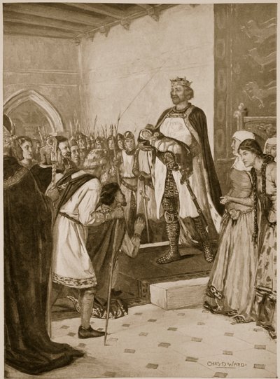 Koning Edward I presenteert zijn zoon Edward aan de Welshe stamhoofden in Carnarvon Castle als hun Prins van Wales door Charles Daniel Ward